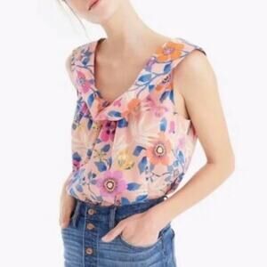 J. Crew Pink Floral Ruffle Top Sleeveless Blouse Size XS